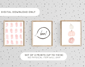 Set of 3, Pastel Halloween Digital Download Printable Art, Neutral Pumpkins Watercolor, Halloween Ghost Digital Print, Boho Halloween,  Fall
