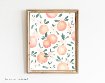 Spring Watercolor Oranges, Watercolor Flowers, Peach, Citrus Print, Orange Home Decor, Floral Wall Art, Boho Decor, Loose Watercolor Florals