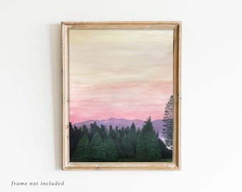 Mountains Sunset Watercolor Print, Landscape Wall Art, Watercolor Nature Print, Wall Decor, Mountain, Pine Trees, Forest, Pastel Art