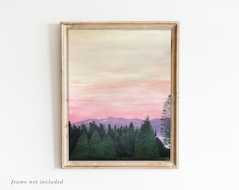 Mountains Sunset Watercolor Print, Landscape Wall Art, Watercolor Nature Print, Wall Decor, Mountain, Pine Trees, Forest, Pastel Art
