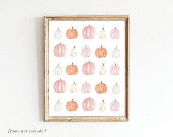 Physical Seasonal Watercolor Fall Pumpkin Pattern Print, Fall Wall Art, Watercolor Physical Print, Fall Wall Decor, Autumn, Pastel Art