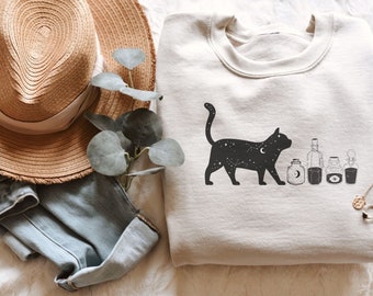 Black Cat Halloween Sweatshirt: Celestial Magic Potions