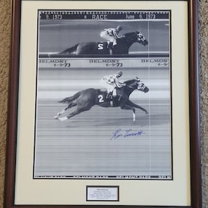 Secretariat 1973 Belmont Stakes Teletimer Photograph 16x20 Signed Ron Turcotte Framed!! New!!