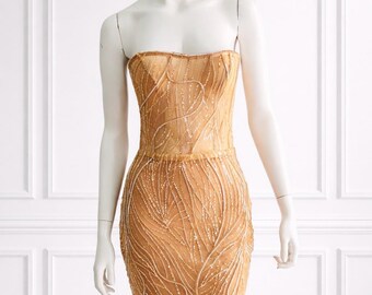 Vestido midi elegante de fiesta sin tirantes con cuentas doradas, talla 8/S (UK).