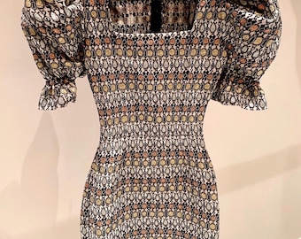 Mini abito vintage in jacquard con maniche a sbuffo, oro e argento, taglia UK8/S