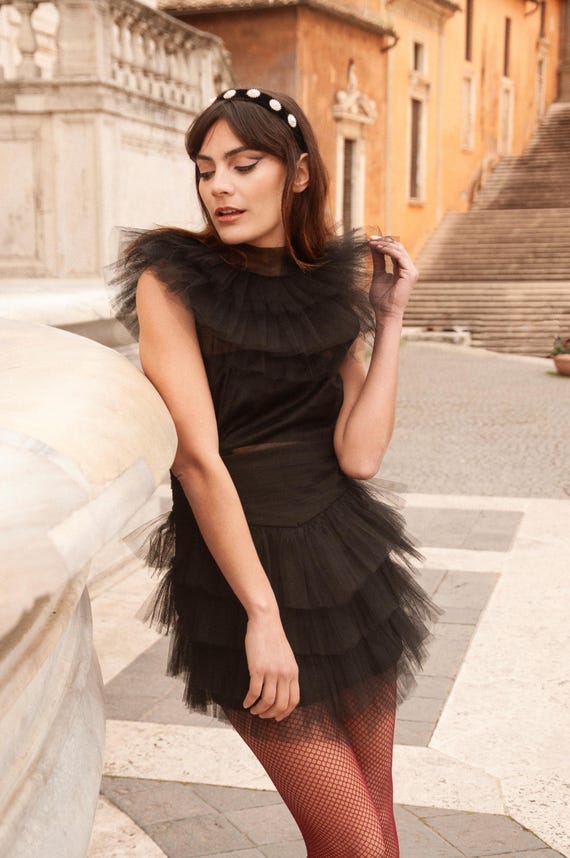Black Tulle Ruffle Mini Handmade Layered Party Dress UK8/S Custom Size Black Tulle Ruffle Mini Handmade Layered Party Dress UK8/S Custom Size