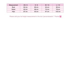 May include: A dress size guide with measurements in centimeters. The guide includes bust, waist, and hip measurements for sizes XS/6 to L/12. The text also includes a request to add height in the personalization box.