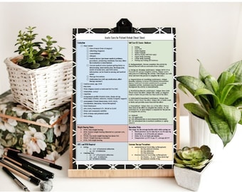 May include: A black and white checklist titled "Acute Care In-Patient Rehab Cheat Sheet" with sections for evaluation, self-care items, measures, weight bearing status, ADL's and ROM required, and common therapy precautions.