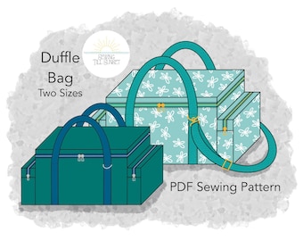 May include: A PDF sewing pattern for a duffel bag in two sizes. The pattern includes instructions for making a teal duffel bag with a blue zipper and a light blue duffel bag with a white floral pattern.