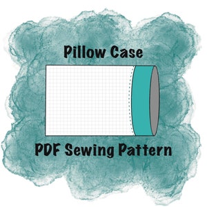 May include: A printable PDF sewing pattern for a pillow case. The pattern is shown on a grid with a teal colored seam allowance.