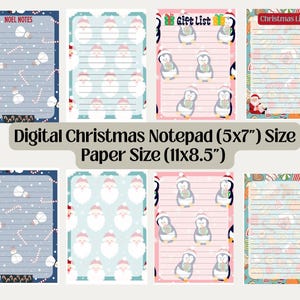 Könnte beinhalten: Eine Sammlung digitaler Weihnachtszettelblöcke in verschiedenen Designs. Die Notizblöcke zeigen festliche Illustrationen von Schneemännern, Weihnachtsmännern, Pinguinen und Zuckerstangen. Die Notizblöcke sind 12,7 x 17,8 cm groß, mit einem Papierformat von 27,9 x 21,6 cm.