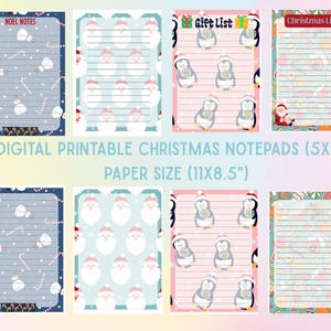 May include: Digital printable Christmas notepads measuring 5x7 inches on 11x8.5 inch paper. Designs include snowmen on dark blue, Santa faces on light blue, penguins on pink, and holiday treats on teal. Text includes NOEL NOTES and Christmas List.