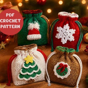 May include: Four crochet drawstring bags featuring holiday designs: a green bag with a Santa hat, a red bag with a white snowflake, a white bag with a green Christmas tree, and a brown bag with a wreath. Text reads: PDF CROCHET PATTERN.