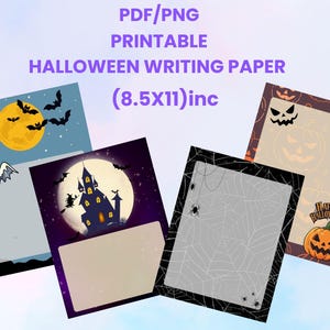Op de afbeelding: Vier vellen printbaar Halloween-briefpapier in 21,6x27,9 cm formaat. De ontwerpen bevatten een geest met een maan en vleermuizen, een silhouet van een spookhuis, een spinnenwebpatroon en een rand van pompoenen met de tekst Happy Halloween.