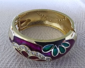 Jui Long Xing cloisonne enamel gold tone hinged bracelet/ bangle with rhinestones