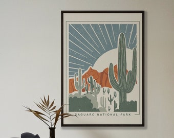 Saguaro National Park Adventure Print - afdrukbare moderne muurkunst uit het midden van de eeuw - Nationaal park Arizona Parks - beige oranje olijf-marine