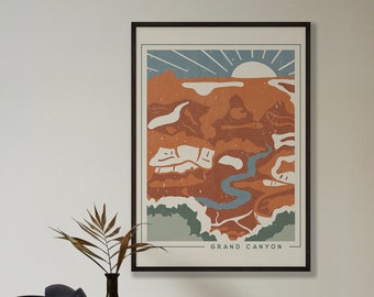 Grand Canyon Adventure Print - afdrukbare moderne kunst aan de muur uit het midden van de eeuw - Nationaal park Arizona Parks - beige oranje olijf Marine mosterd