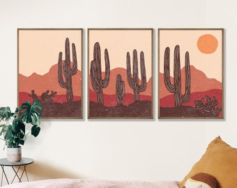Cactus Silhouette Desert Sunset Wall Art, afdrukbare vintage halverwege de eeuw modern, Saguaro Prickly Pear Cactus, beige roze paars neutraal bruin