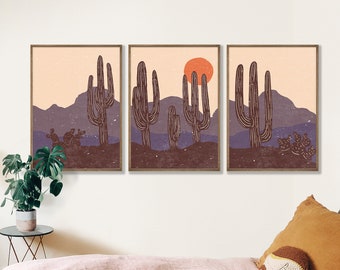 Kaktus Silhouette Wüste Sonnenuntergang Wandkunst, druckbare Vintage Mid Century Modern, Saguaro Feigenkaktus, beige orange lila beige blau