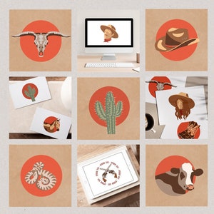 May include: A set of 12 vintage western icons and illustrations in a red, orange, and brown color scheme. The icons include a cowboy hat, a cactus, a skull, a cowboy, and a cow.