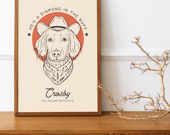 Gepersonaliseerde print hond cowboyhoed, aangepast huisdierportret, westers interieur, handgetekende kunstwerken, unieke kunst, cowboy binnenmuur