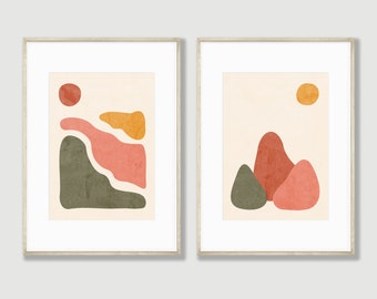 Boho bergprints, set van 2, afdrukbare moderne muurkunst uit het midden van de eeuw, neutrale abstracte organische geometrische, beige oranje olijfroze mosterd