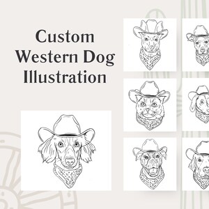 Invito di nozze personalizzato con ritratto di animale domestico, arte western, arte personalizzata per animali domestici, arte murale personalizzata con cane, illustrazione di cane cowboy