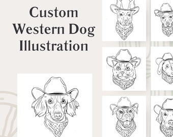 Gepersonaliseerde huisdierportret huwelijksuitnodiging, westerse kunst, aangepaste huisdierkunst, aangepaste hond kunst aan de muur, cowboyhond illustratie