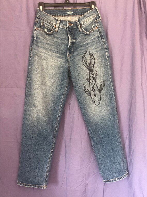 Custom Drawn Jean Pants Koi Fish Sun 