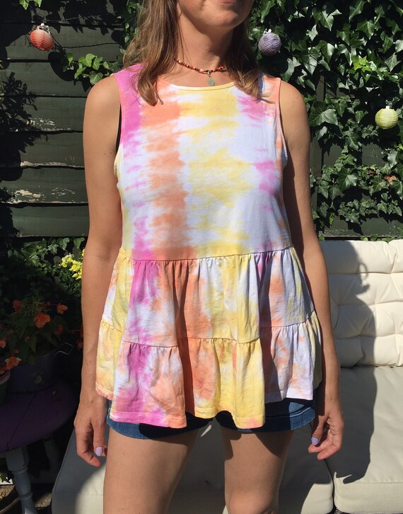 Tie Dye Smock Top UK 12 Tiered Vest Top 