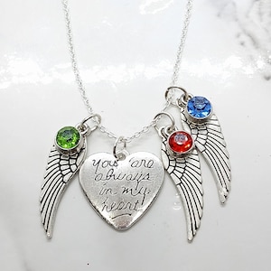 You Are Always in My Heart - with THREE angel wing and birthstone **FREE SHIPPING**