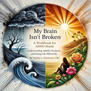 May include: A book cover with the title "My Brain Isn't Broken" and the subtitle "A Workbook for ADHD Minds." The artwork is split into two halves: one with stormy weather and the other with a sunny landscape. A person is sitting in the sunny landscape.