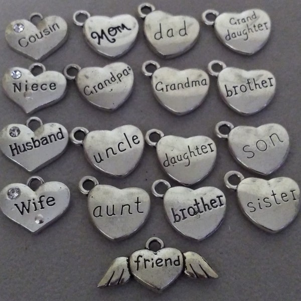 Name charms - Mom, Dad, Grandma, Grandpa, Sister, Brother, son, daughter, grandson, granddaughter, niece, friend, husband, and wife