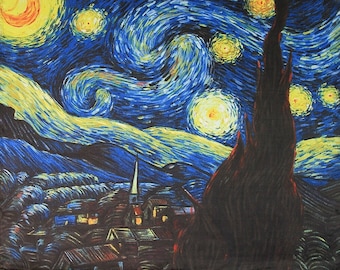 Van Gogh, Starry Night. 100% pure natural silk. Square scarf/shawl. 65cm/25.6". Hand-rolled hem
