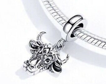 Bull / Taurus. Stars / Zodiac Sign. Dangle bead charm / Pendant.  Solid 925 sterling silver. For European style bracelets