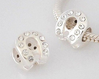 Horse Shoe bead charm. Solid 925 sterling silver with cubic zirconia stones. For European style bracelets