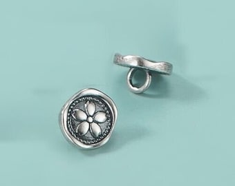 Pair - Shank button engraved with flower. Genuine solid 925 sterling silver. For jewellery making or sewing