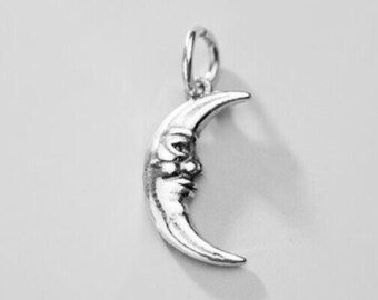 Crescent Moon with Face. Pendant / charm. Solid 925 sterling silver. Chain optional