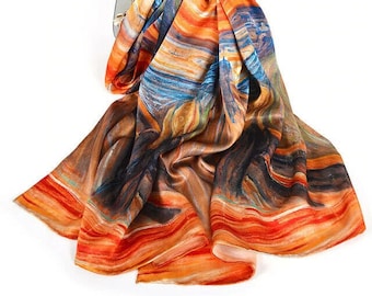 The Scream, Munch. 100% genuine pure natural silk. Scarf / shawl. 175x52cm - 69"x20". Hand-rolled hem