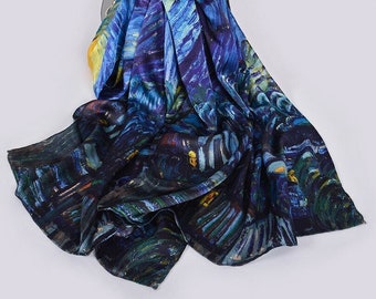 Van Gogh, Starry Night. 100% pure natural silk. Scarf/shawl. 175x52cm/69"x20". Hand-rolled hem