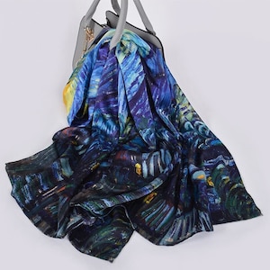 Van Gogh, Starry Night. 100% pure natural silk. Scarf/shawl. 175x52cm/69x20. Hand-rolled hem image 1