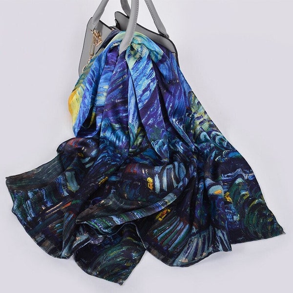 Van Gogh, Starry Night. 100% pure natural silk. Scarf/shawl. 175x52cm/69"x20". Hand-rolled hem