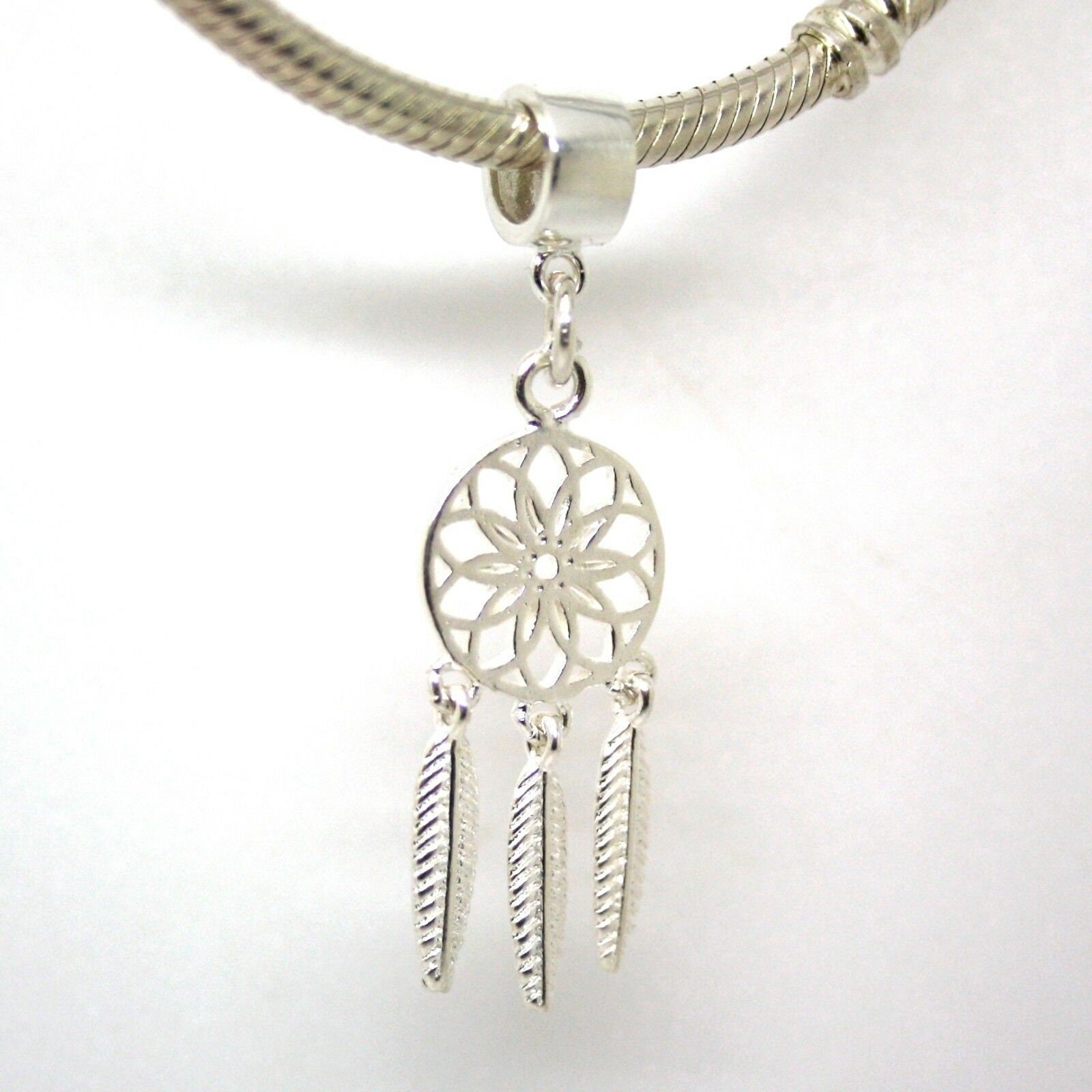 Sterling Silver Dream Catcher Dangle Charm - Feather & Bead Design, Fits Pandora & European Bracelets