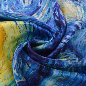 Van Gogh, Starry Night. 100% pure natural silk. Scarf/shawl. 175x52cm/69x20. Hand-rolled hem image 5