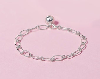 Adjustable charm bracelet, link chain. Solid 925 sterling silver. With ball drop