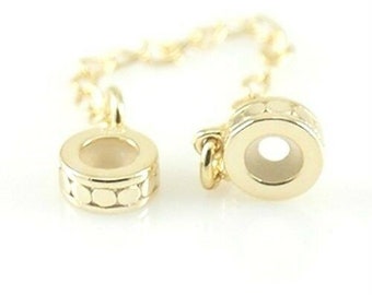 Safety chain with stopper beads. For 3mm chain. Gold plated, solid 925 sterling silver. For European charm bracelets.