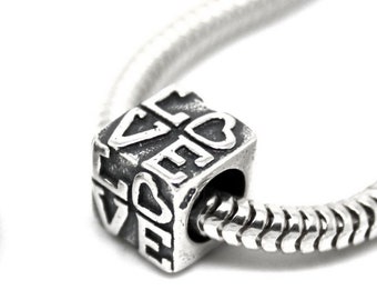 Love carved in cube / Heart bead charm. Solid 925 sterling silver. For European style bracelets