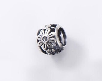 Openwork flower spacer. Solid 925 sterling silver European bead charm. 8 x 6 mm