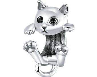 Hanging cat- kitten- animal-genuine solid 925 sterling silver charm bead