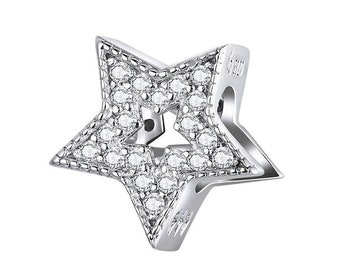 STAR. Bead charm for European style bracelet.  Genuine solid 925 sterling silver & cubic zirconia - 10mm